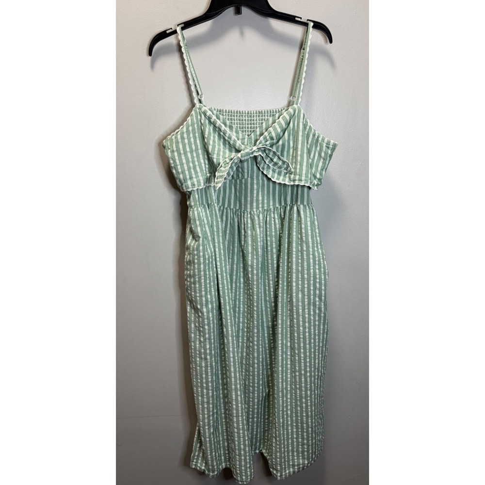 Old Navy Dress Green/White Striped Sweetheart Bow Front Stretch Back Midi